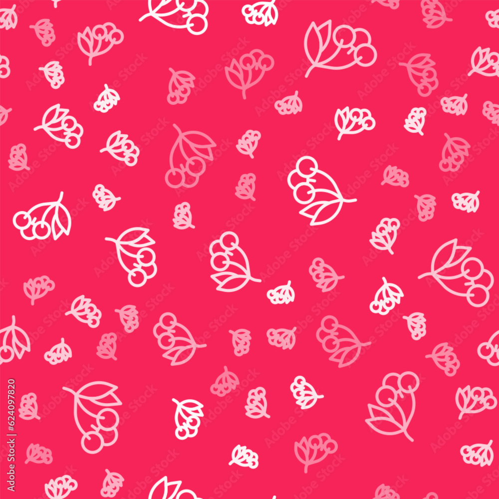 Fototapeta premium White line Fresh summer berries icon isolated seamless pattern on red background. Berry fruit. Vector