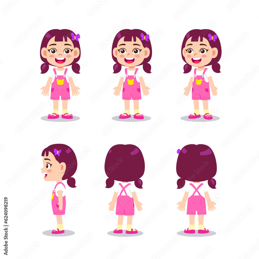 Cute little kid girl character turn around with happy expression and standing poses Cute little kid girl character turn around with happy expression and standing poses