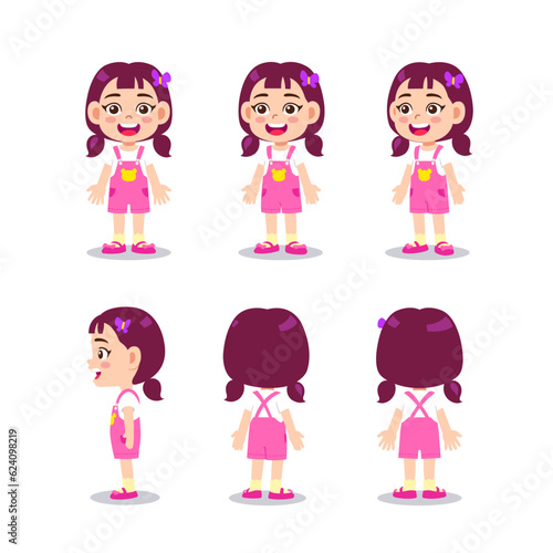 Cute little kid girl character turn around with happy expression and standing poses