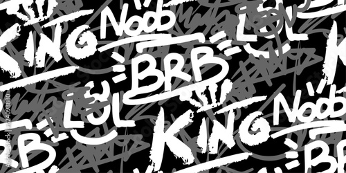 Graffiti seamless pattern, monochrome black and white with tag lettering abstract