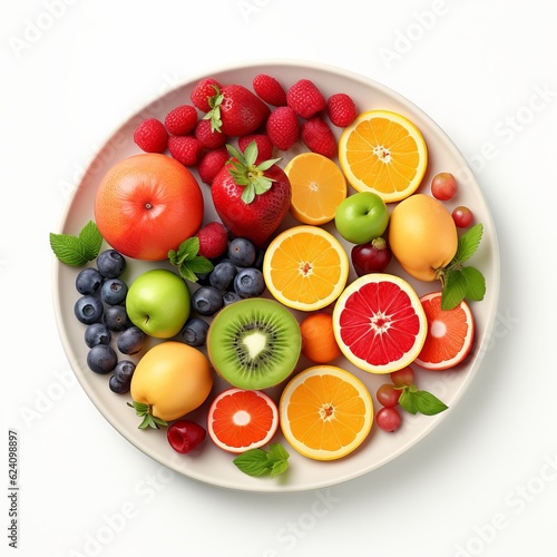 A Refreshing Variety of Colorful Fruits in a plate on White Background