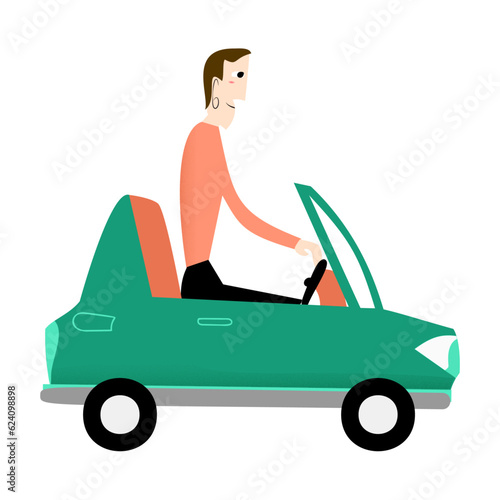 A father man is driving a car. Modern mid-century classic cartoon illustration style.