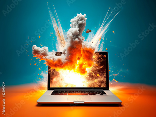 Explosion starts from computer device screen. Launch of new business idea from Laptop. Concept of a successful start up of a business. Education online. Ai Generative illustration