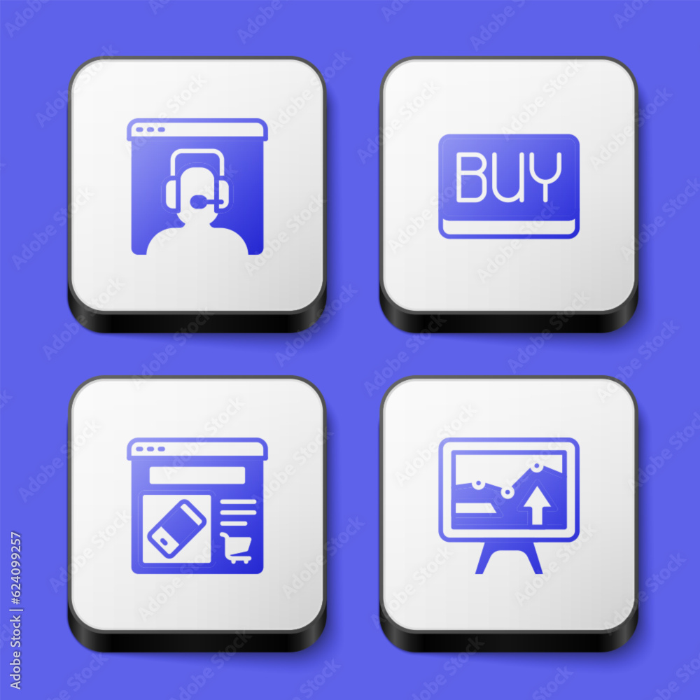 Set Telephone 24 hours support, Buy button, Online shopping screen and Monitor with graph chart icon. White square button. Vector Set Telephone 24 hours support, Buy button, Online shopping screen and Monitor with graph chart icon. White square button. Vector