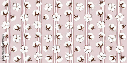 Abstract cotton flowers on a beige striped background. Floral endless texture with cute white flowers. Vector seamless pattern for wrapping paper, giftwrap, packaging, surface texture, cover and print