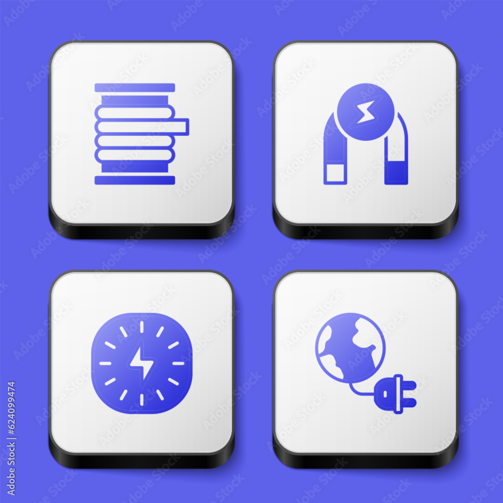Set Wire electric cable on reel, Magnet, Lightning bolt and Global energy planet with plug icon. White square button. Vector Set Wire electric cable on reel, Magnet, Lightning bolt and Global energy planet with plug icon. White square button. Vector