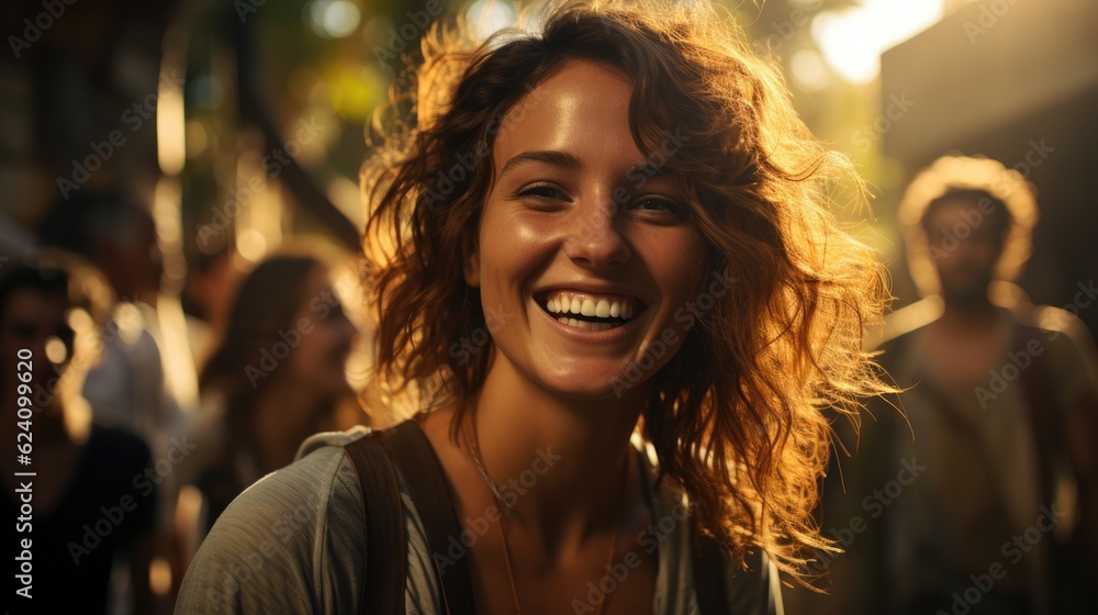 Smiling happy beautiful young woman walking on crowded city street.