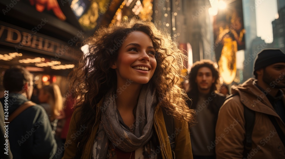 Smiling happy beautiful young woman walking on crowded city street.