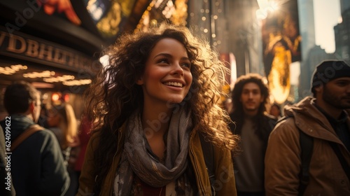 Smiling happy beautiful young woman walking on crowded city street.