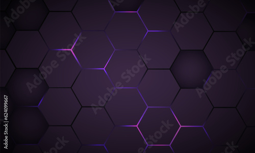Dark violet hexagon gaming technology abstract background with purple and pink colored bright flashes.