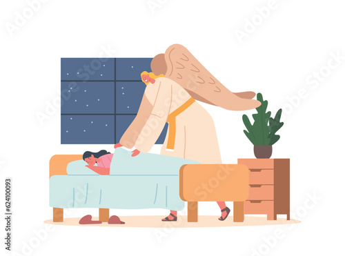 Angel Keeper Character Tenderly Covering Child With A Cozy Blanket, Providing Comfort And Protection In A Gentle Embrace