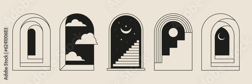 Boho frame arch vector illustration modern minimalistic retro aesthetic linear arc portal logo bohemian design element mystical geometric abstract border