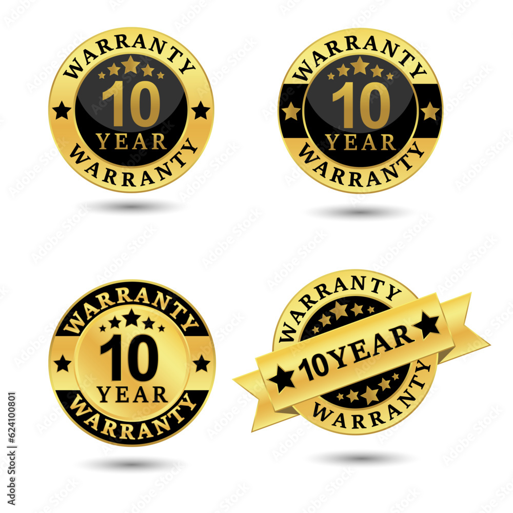 Collection of warranty 10 year label badge gold and black style, Set of warranty isolated on white background, Vector illustration.