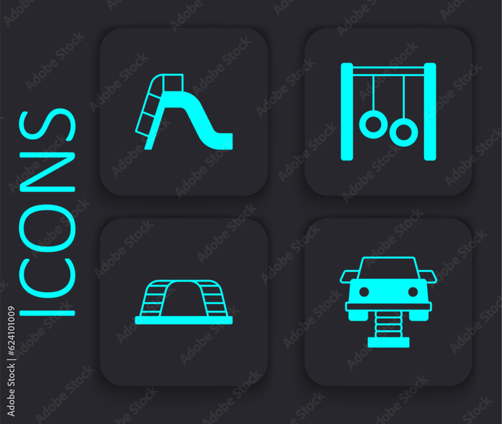 Set Swing car, Slide playground, Gymnastic rings and Monkey bar icon. Black square button. Vector Set Swing car, Slide playground, Gymnastic rings and Monkey bar icon. Black square button. Vector