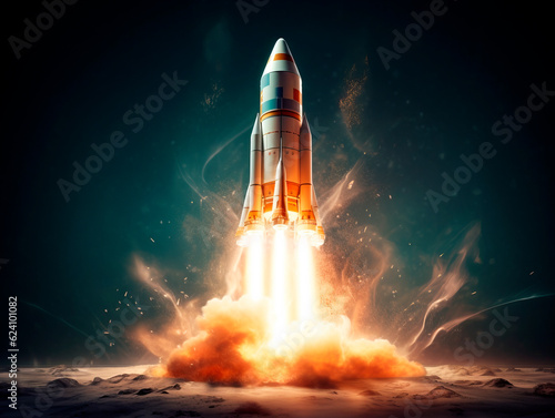 Rocket starts from abstract ground. Spaceship launch with fire and smoke. Concept of a successful start up of a business. Creative idea, education online. Ai Generative illustration