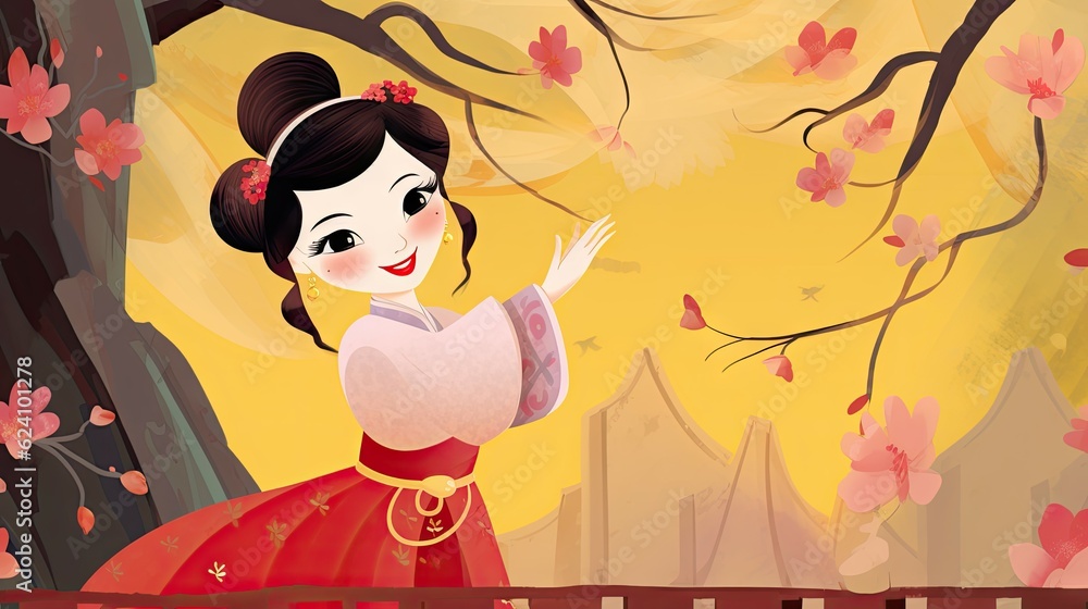 Happy Asian princess cartoon character fairytale in 2D flat illustration style. Cute beauty woman in traditional dress. Generative AI
