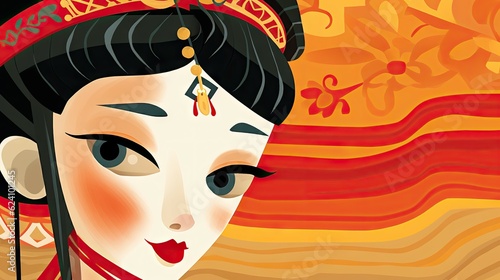 Happy smiling Asian princess cartoon character fairytale in 2D flat illustration style. Cute beauty woman in traditional dress. Generative AI
