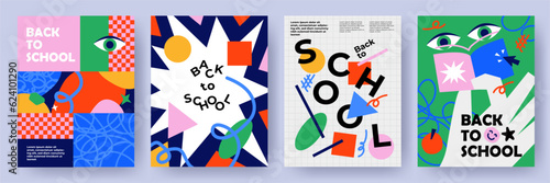 Posters or covers set in trendy doodle style with geometric shapes, bold design elements and modern typography. Back to school, college, education, study concept. Templates for ads, branding, banner