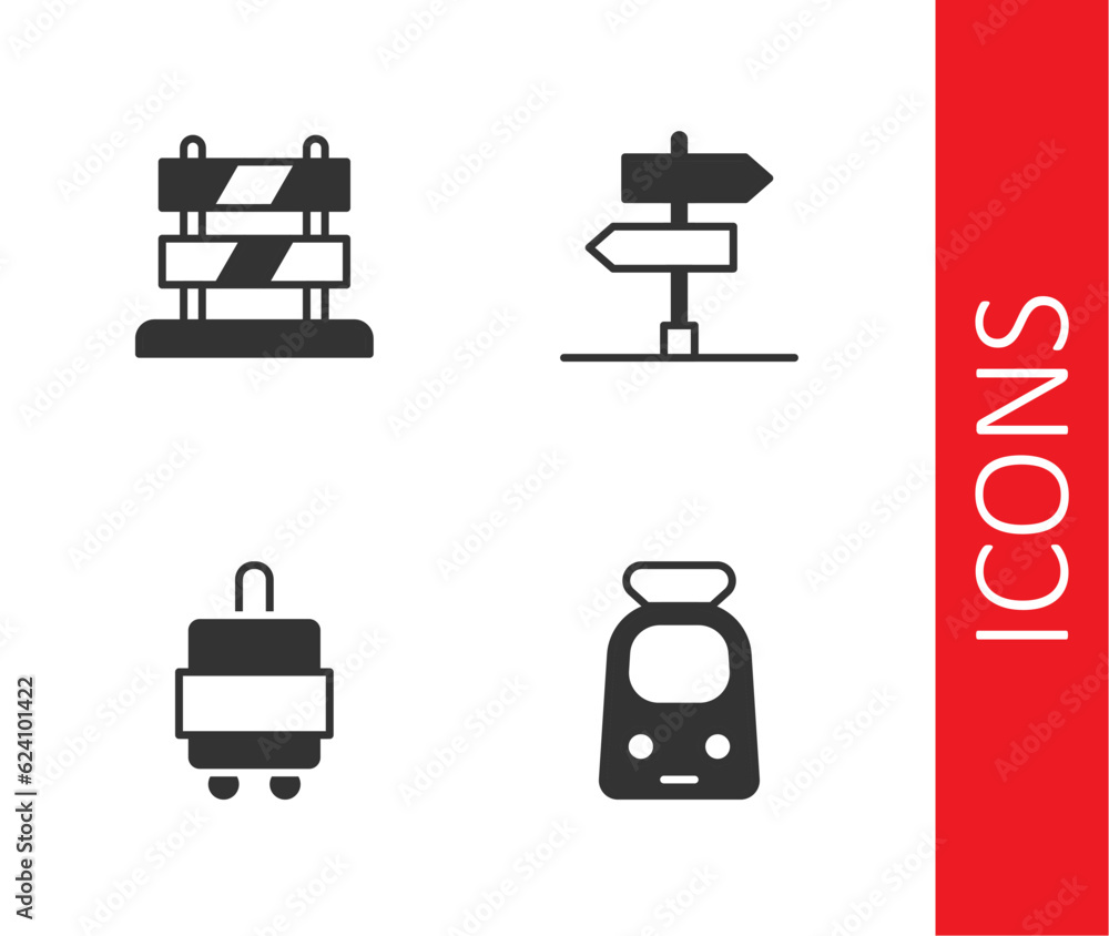 Set Train and railway, End of tracks, Suitcase and Road traffic sign icon. Vector Set Train and railway, End of tracks, Suitcase and Road traffic sign icon. Vector