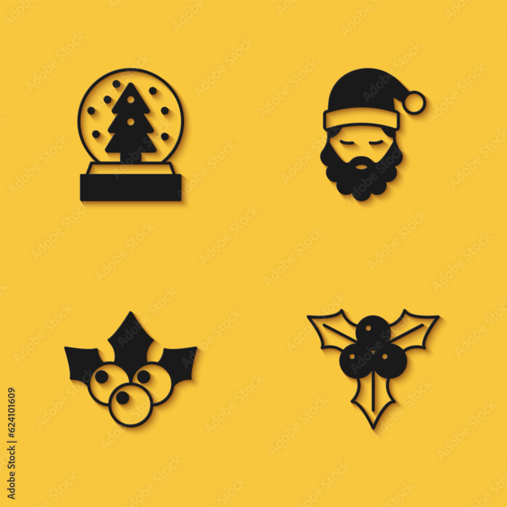 Set Christmas snow globe, Branch viburnum, and Santa Claus hat and beard icon with long shadow. Vector