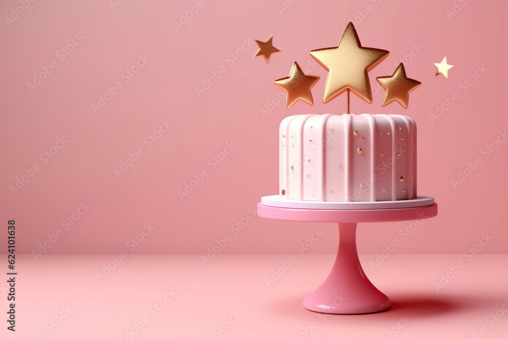 Birthday pink cake in a minimalist style decorated with a gold stars. Generative AI