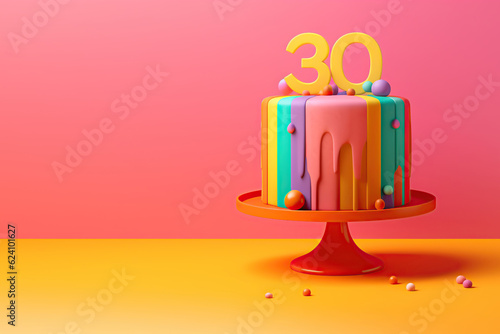 Birthday colorful cake on a 30 years decorated with colorful sweets, topper number thirty on a pink background. Copy space. Generative AI
