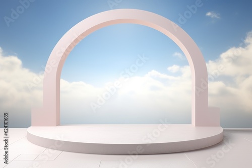 Minimalistic podium arch with clouds, background in pastel colors. AI generated