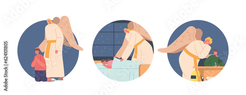 Isolated Round Icons or Avatars of Angel Keeper For Children Provides Comfort And Protection, Offering Sense Of Security