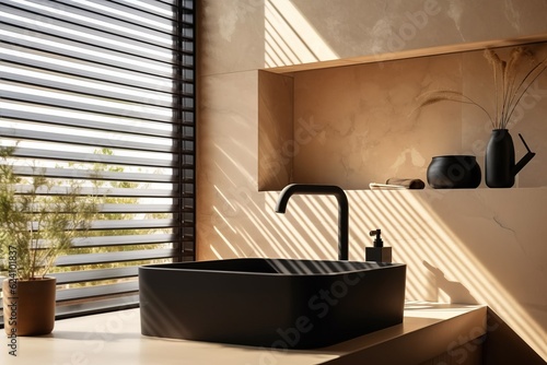 Modern and opulent beige bathroom vanity with countertop and white ceramic round washbasin in window light with foliage silhouette on granite wall.