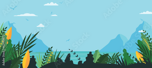 Mountain and sea landscape, Wild nature summer panorama. Hiking adventure vector concept. © Rizal