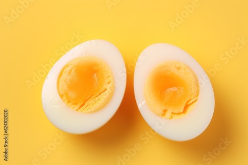 Soft boiled egg half on a pastel yellow background. AI generated
