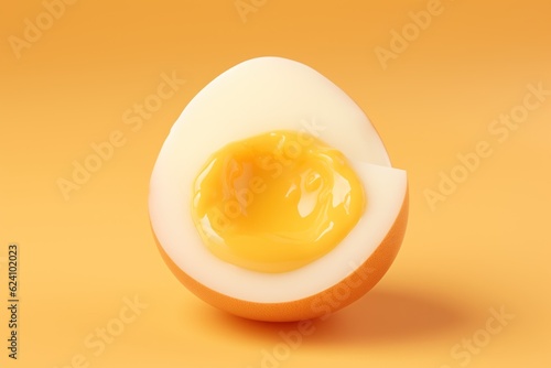 Soft boiled egg half on a pastel yellow background. AI generated