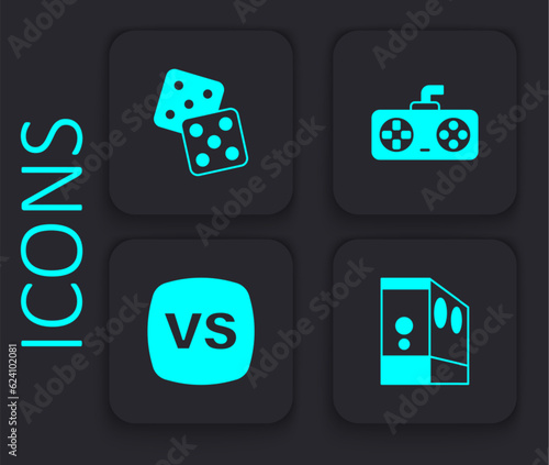 Set Case of computer, Game dice, controller or joystick and VS Versus battle icon. Black square button. Vector