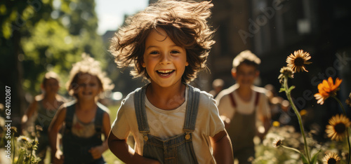 With the arrival of spring, happy children are running around laughing and having fun among the flowers.