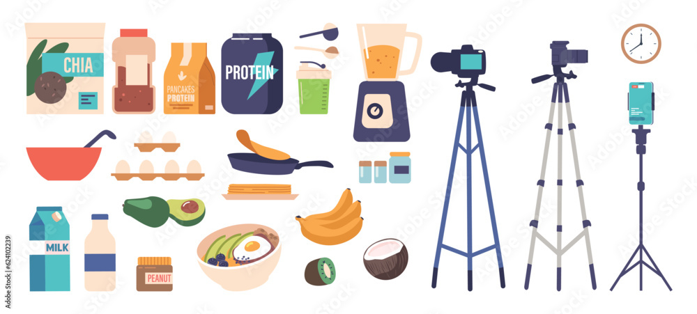 Sports Food Blogger Cooking Items Set. Photo Camera, Smartphone, Bowls, Protein, Fruit and Vegetable, Kitchen Tools Sports Food Blogger Cooking Items Set. Photo Camera, Smartphone, Bowls, Protein, Fruit and Vegetable, Kitchen Tools