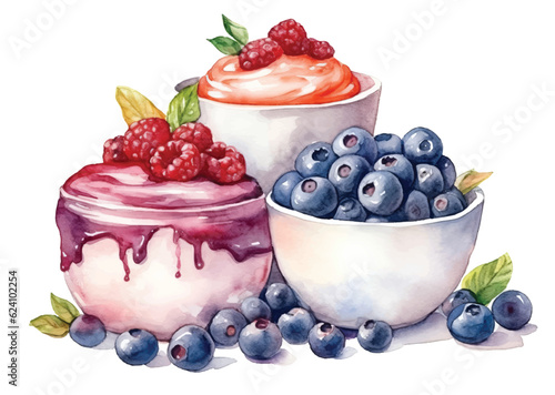 Vector watercolor berries yogurt illustration.