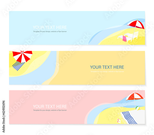 Set of three vector banner with beach, sea and umbrella. Summer bright horisontal banner.