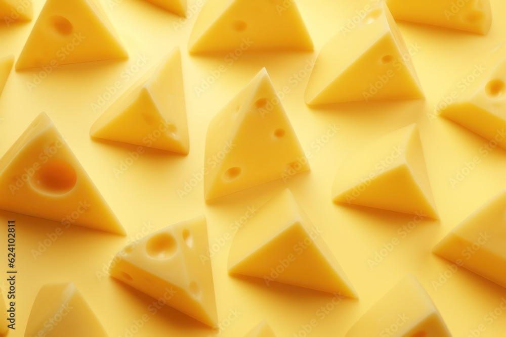 Triangular pieces of cheese on a pastel yellow background. AI generated