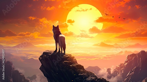 Imaginative Painting of Woman and Wolf Standing on Mountain Top, Gazing at Sunset in the Sky - Fantasy Artwork Illustration. Generative AI
