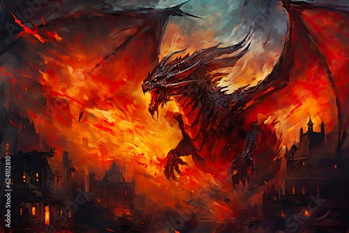 Imaginative Red Fire Dragon Artistic Painting on Night City Background  Motion Picture of Old and Big Dragon Illustration  Generative AI