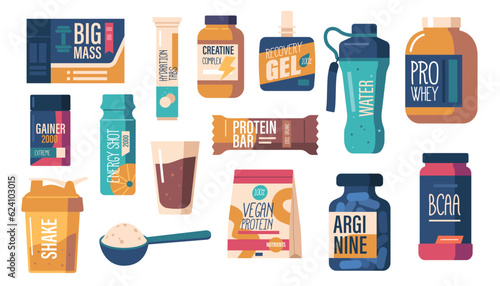 Sports Nutrition Set, Specialized Dietary Food Of Athletes To Enhance Performance And Aid In Recovery, Vector