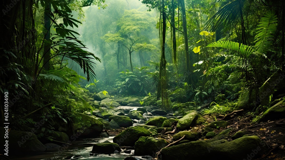 Lush Southeast Asian Rainforest: An Idyllic, Green Jungle Landscape with Towering Trees and Exotic Wildlife: Generative AI
