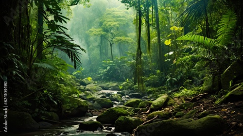 Lush Southeast Asian Rainforest  An Idyllic  Green Jungle Landscape with Towering Trees and Exotic Wildlife  Generative AI