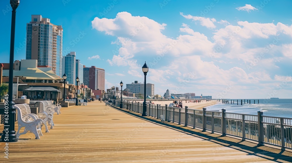 Scenic Overlook on the Atlantic City Boardwalk with Beautiful Clouds and Shoreline - Travel and Tourism Concept: Generative AI