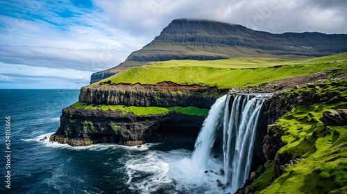 Scenic Beauty of Mulafossur Waterfall in Faroe Islands amidst Mountains and Azure Waters. Generative AI photo