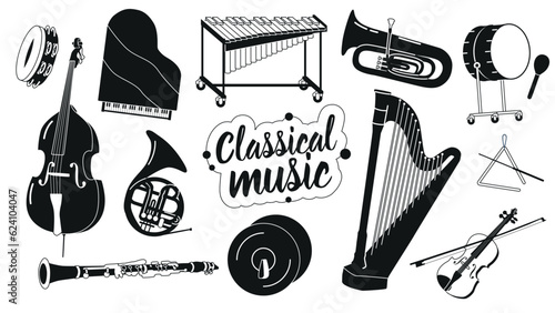 Set Of Classical Musical Instruments Black And White Icons. Tambourine, Grand Piano, Xylophone And Trumpet