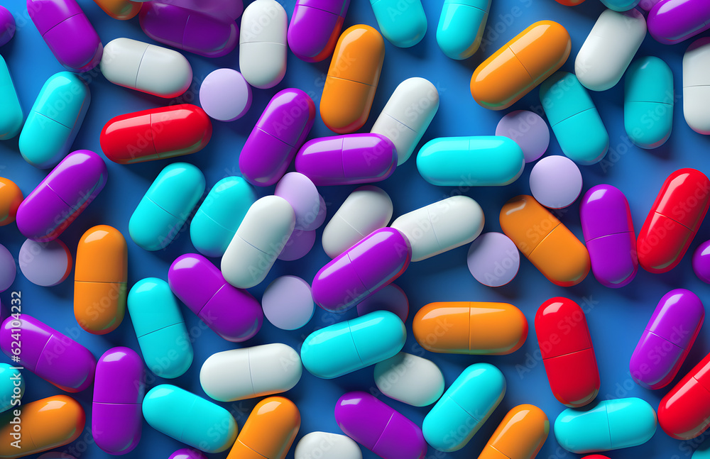 Vibrant Colorful Tablets on Blue Background - AI-Generated