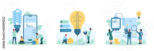 Electricity bill payment and saving solution set vector illustration. Cartoon tiny people check readings of electric meter and pay per kilowatt, save energy consumption and money with CFL light bulb