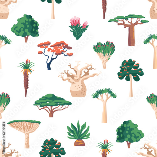 Seamless Pattern Showcases The Lush African Vegetation, Incorporating An Array Of Iconic Plants, Trees And Foliage