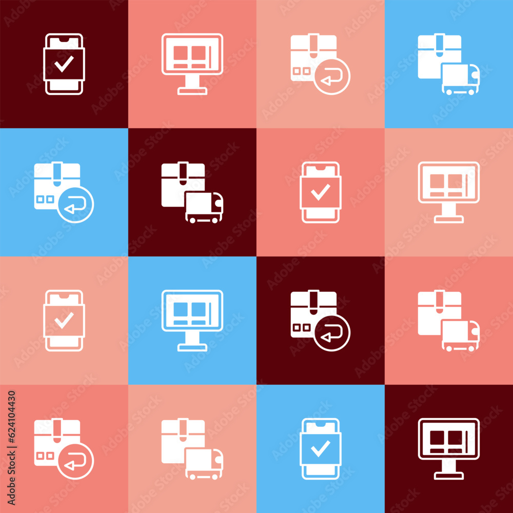 Set pop art Mobile shopping, Online on screen, Return cardboard box and Delivery cargo truck icon. Vector Set pop art Mobile shopping, Online on screen, Return cardboard box and Delivery cargo truck icon. Vector